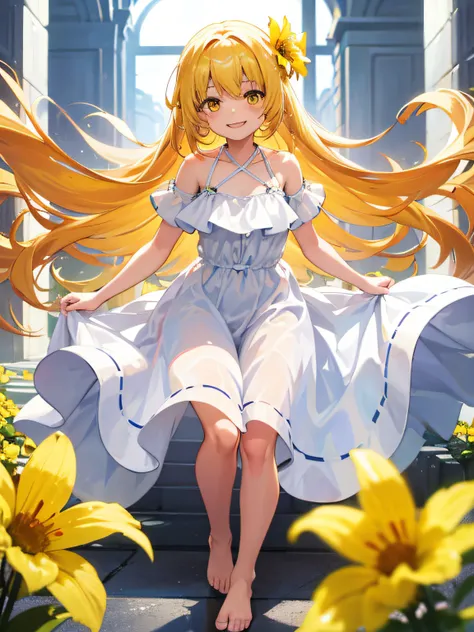 White anime girl, long blond hair, yellow flower on her hair, yellow eyes, long plain white dress, barefoot, smilling face, white backgroud, white floor.