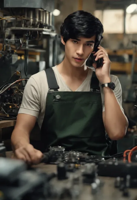 absurd resolution, high resolution, (master part: 1.4), hiper-detalhe, messy short black hair of young man, soldador vestido, Atender o telefone (1.2), happy expression, factory high-tech workbench, tela tech-sense