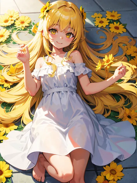 White anime girl, long blond hair, yellow flower on her hair, yellow eyes, long plain white dress, barefoot, smilling face, white backgroud, white floor.