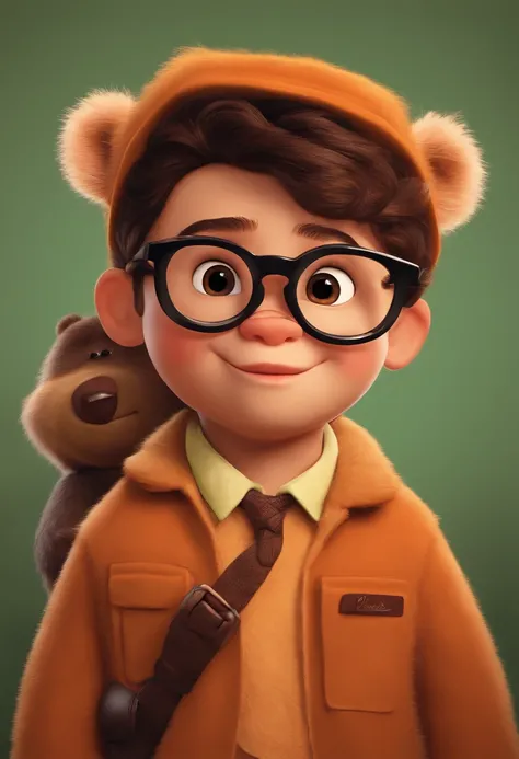 Menino estilo desenho animado, Pixar, wearing round glasses, segurando um urso de pelucia, roupa de escoteiro,