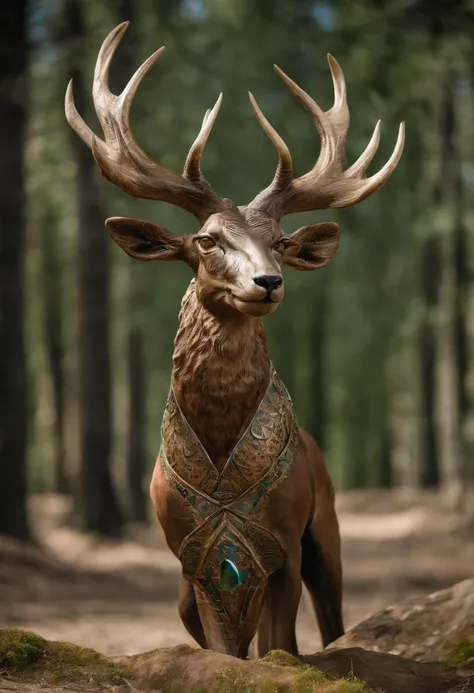 Design an animal based off the description, and no nudity or humans. It is a mix between a wolf head, a long and coily snake tail, peacock feathers, and a deer body. Head: The wolfs head, symbolizing guardianship and loyalty. Its eyes gleam with intelligen...