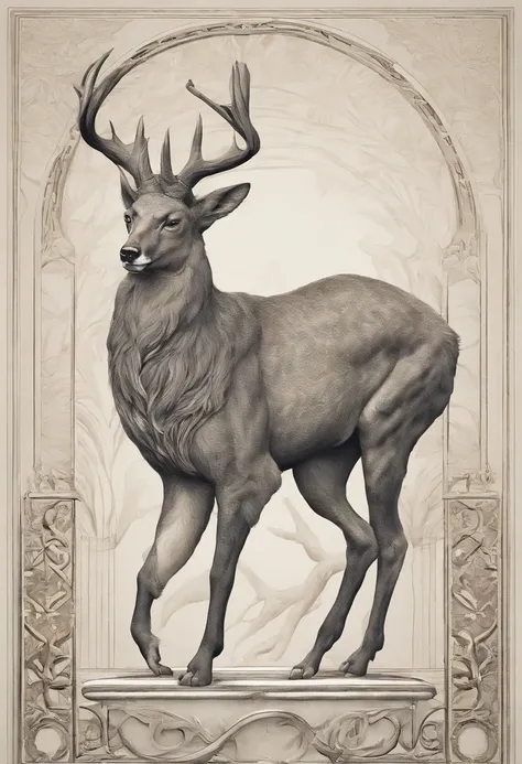 Design an animal based off the description, and no nudity or humans. It is a mix between a wolf head, a long and coily snake tail, peacock feathers, and a deer body. Head: The wolfs head, symbolizing guardianship and loyalty. Its eyes gleam with intelligen...