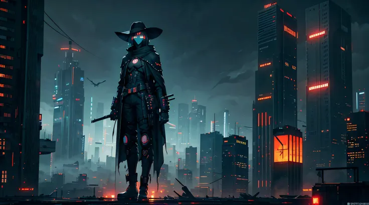 futuristic cyberpunk city, gloomy bleak view on dystopic cyberpunk city, dark landscape, dreary landscape, dark scarecrow, creepy scarecrow, high scarecrow, scarecrow standing on roof, portrait, gloomy monster, long arms, stick hands, T-pose, (covered in a...