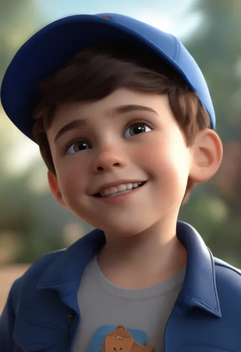 A happy cute boy standing short hair with dark blue cap , vestindo uma camisa azul , , fundo branco, barnet, Tom, Estilo Pixar, ......3d, desenhos animados, rosto detalhado, asymmetrical 16k