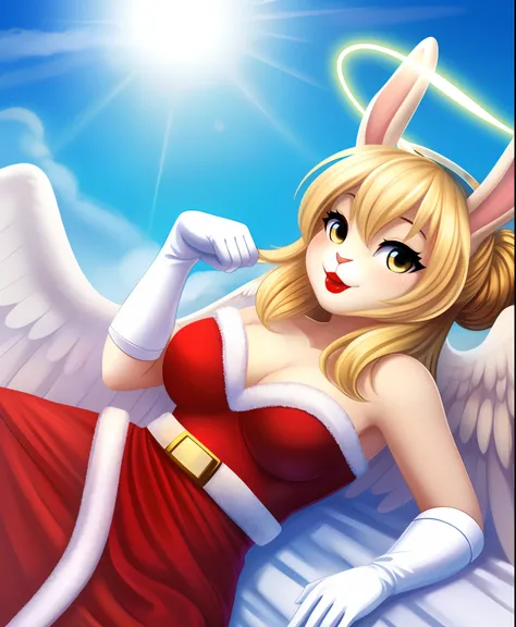 Female blonde anthro rabbit as an angel, halo, white soft wings, red lipstick, Santa dress, white and gold long gloves, laying down in the clouds, bun hair, rabbit ears