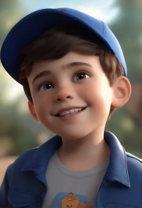 A happy cute boy standing short hair with dark blue cap , vestindo uma camisa azul , , fundo branco, barnet, Tom, Estilo Pixar, ......3d, desenhos animados, rosto detalhado, asymmetrical 16k