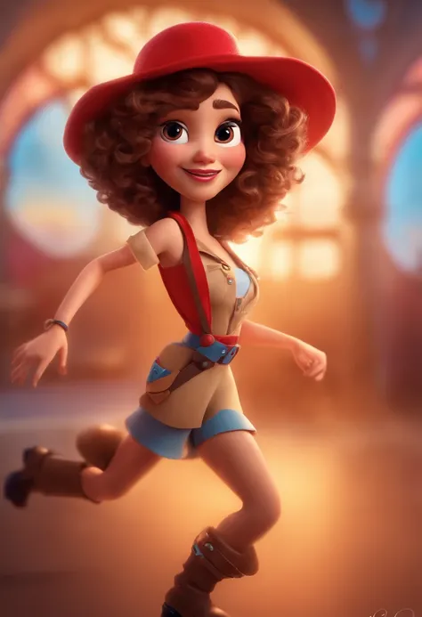 Pixar style image with 3D character red glasses brunette woman shoulder-length curly hair, com uma mecha branca dividida ao meio, Dancing, Maquiagem Disney,Pescador, bonitinho, sorridente ,Close-up, Pixar, Disney, Cinema lighting,