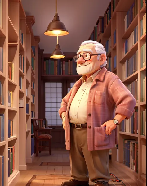 A wise old man standing in front, illuminated by the light of a lamp, against the backdrop of a library