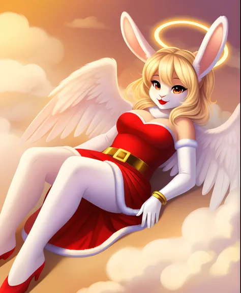 Female blonde anthro rabbit as an angel, halo, white soft wings, red lipstick, Santa dress, white and gold long gloves, laying down in the clouds, bun hair, rabbit ears