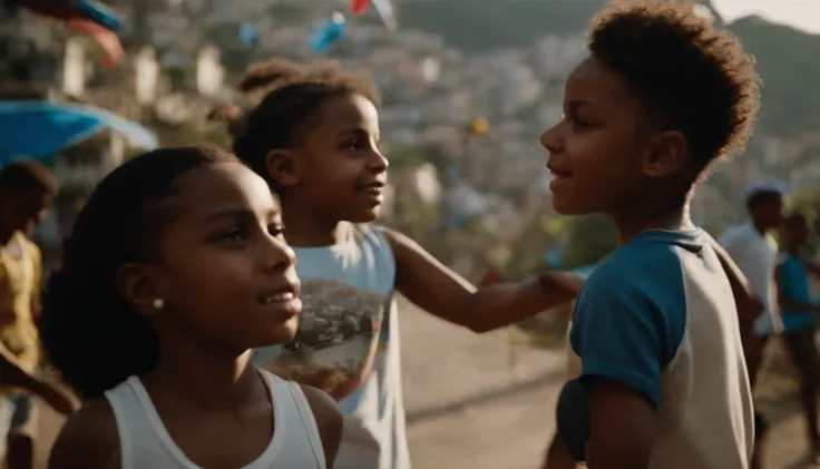 Black children from the periphery, with a cap and wearing adidas and nike clothes, They are happy in the favela of Rio de Janeiro flying kites