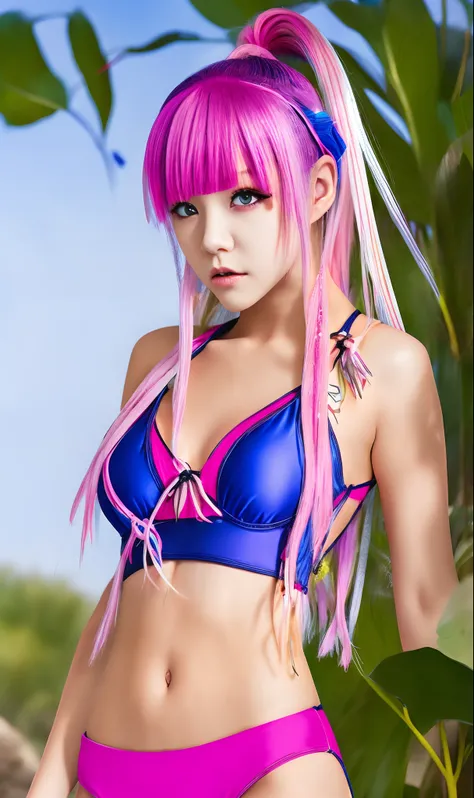 Anime girl pink hair, pink eyes, swim suit