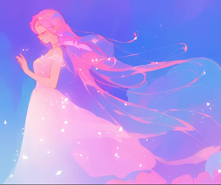 beautiful girl in sparkling multi-layer ballgown, long sparkling pink hair, fantasia background, watercolor illustration, inspired by Glen Keane, inspired by Lois van Baarle, disney art style, by Lois van Baarle, glowing aura around her, by Glen Keane, jen...