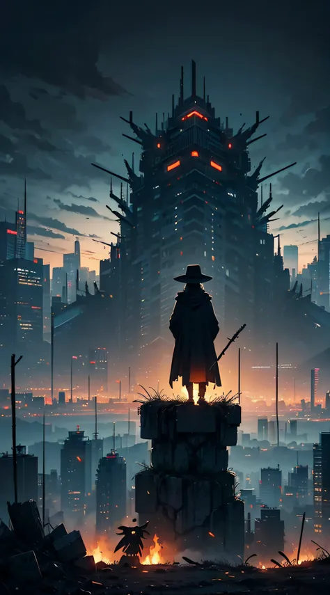 futuristic cyberpunk city, gloomy bleak view on dystopic cyberpunk city, dark landscape, dreary landscape, dark scarecrow, creepy scarecrow, high scarecrow, scarecrow standing on roof, portrait, gloomy monster, long arms, stick hands, T-pose, (covered in a...