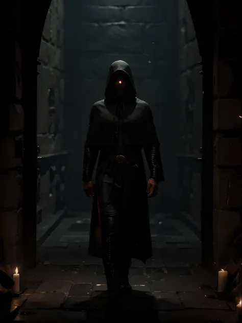 (A hooded man:1.2), (inside a dungeon:1.2), (with flickering torches on the walls:1.2), (captured from a distant viewpoint:1.2), (conveying an atmosphere of mystery and isolation:1.1), (shot with a Nikon D850 camera:1.2), (paired with a Nikon AF-S NIKKOR 7...