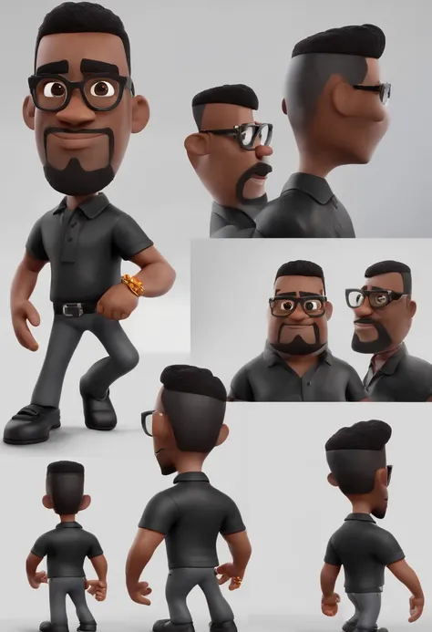 Cartoon character of a black man with black glasses and a black polo shirt, cabelo liso, and old school tattoo on arm, animation character, Caractere estilizado, animation style rendering, 3D estilizado, Arnold Maya render, 3 d render stylized, toon render...