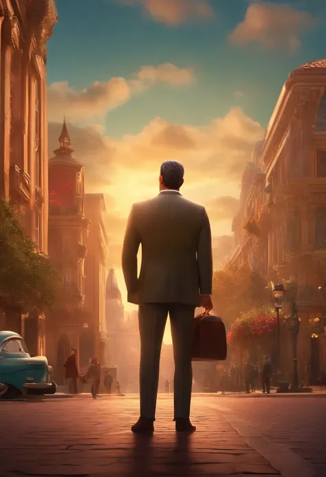 A city councilman looking at a dream project inspired by Pixar animation, de perto. The character takes center stage with captivating facial expressions, oferecendo um toque de irrealidade