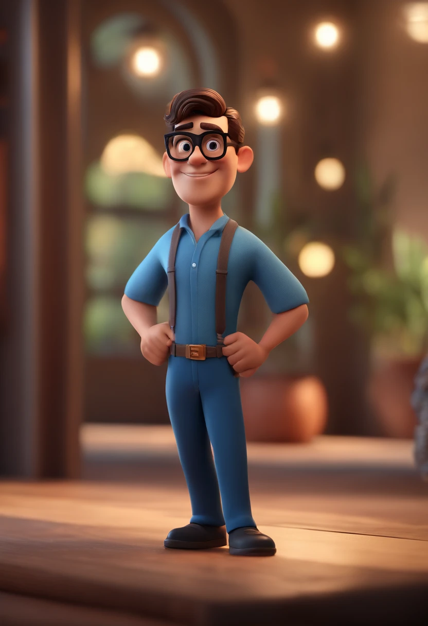 Cartoon character of a man with black glasses and a blue shirt, animation character, Caractere estilizado, animation style rendering, 3D estilizado, Arnold Maya render, 3 d render stylized, toon render keyshot, Personagem 3D, Personagem 3D, 3d rendering st...