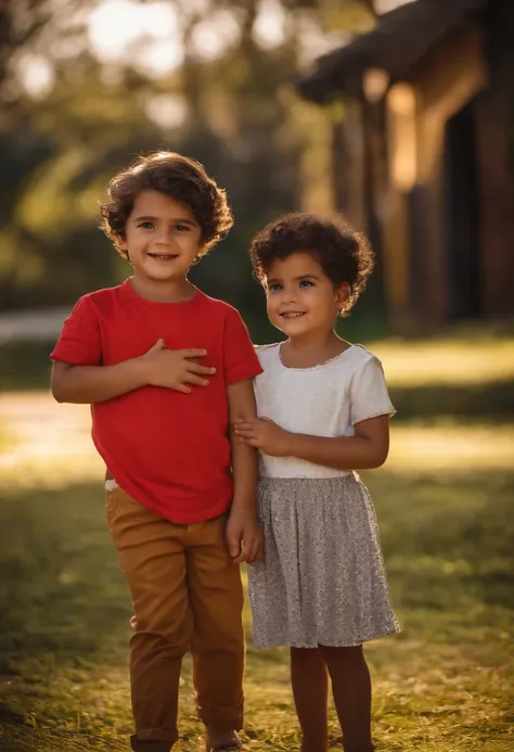 menino: Miguel, aproximadamente 5 anos de idade, cabelo curto estilo Disney, olhos castanhos e sorrisos. garota: Giovana, 2 anos, longos cabelos pretos e olhos azuis. scenecy: Miguel and Giovana are in a cozy little house in the valley, ao fundo um dia ens...