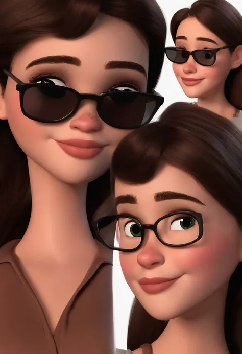 Pixar style image with 3D character white glasses Young white woman with brown eyes and medium straight hair. Se veste com uma camisa sem manga na cor rosa e um short preto. Olhando de lado , Maquiagem Disney,Pescador, bonitinho, sorridente ,Close-up, Pixa...