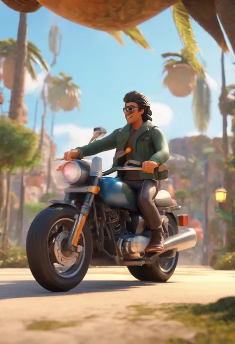 Create a Pixar-style 3D movie poster of a couple riding a tall motorcycle through the backlands of northeastern Brazil.  The pilot is a thin young man, with a beard and black hair, wears dark glasses and wears black clothing.  And the girl has the perfect ...