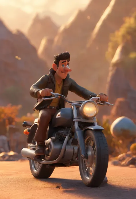 Create a Pixar-style 3D movie poster of a couple riding a tall motorcycle through the backlands of northeastern Brazil.  The pilot is a thin young man, with a beard and black hair, wears dark glasses and wears black clothing.  And the girl has the perfect ...