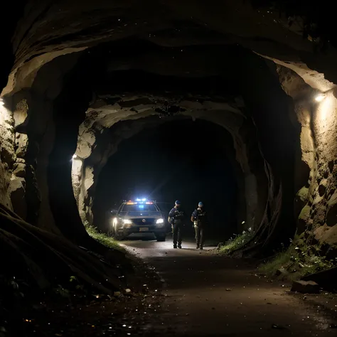 Policiais cercando  a entrada de uma caverna na floresta, Exterior,entrada,  caverna misteriosa e escura,  noite, obra prima, detalhista, magic, several police officers, viaturas, , London police around a cave, scenecy