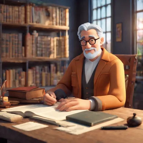 Crie um cartaz inspirado na Disney Pixar com o personagem sendo o pastor Rubens Janier, A gray-haired man wearing glasses, in an office with a Bible on the table, Looking forward and serious