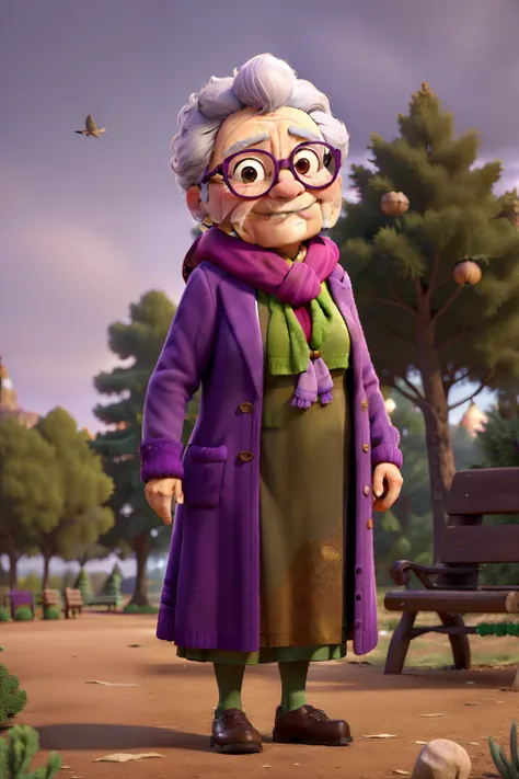 masterpiece, best quality, an old woman with glasses and a scarf on, wearing a purple coat and green scarf, standing at the park