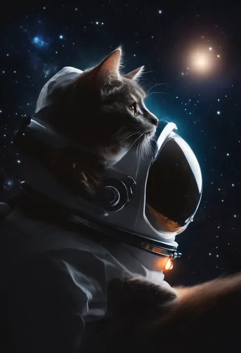 Dark night sky with stars, planets, galaxies, microscope, astronaut, a constellation of a cat.