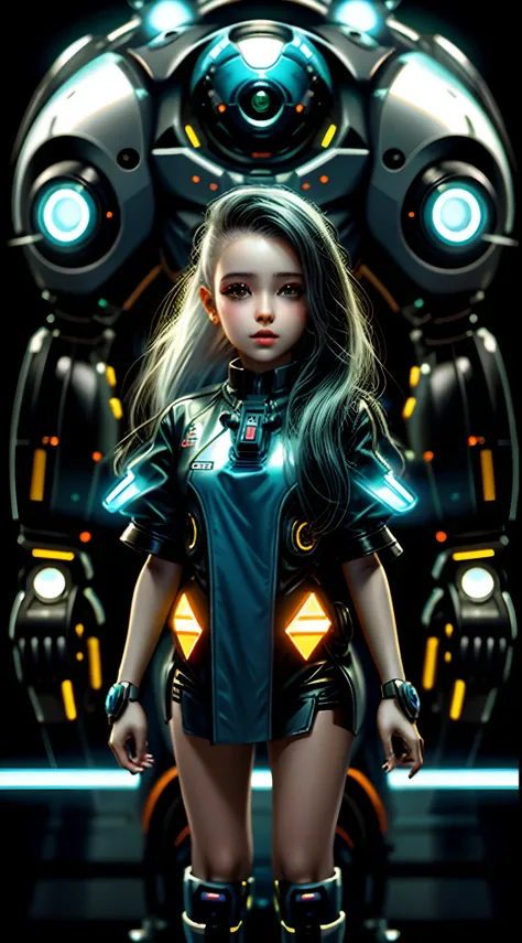 A girl in a futuristic outfit next to a robot, menina ciborgue bonito, Wojtek FUS, ciborgue - menina, girl wearing robotic suit, menina ciborgue, robot girl, menina em mecha cyber armor, Perfect Android girl family, menina bonita ciborgue, WLOP. Scifi, men...