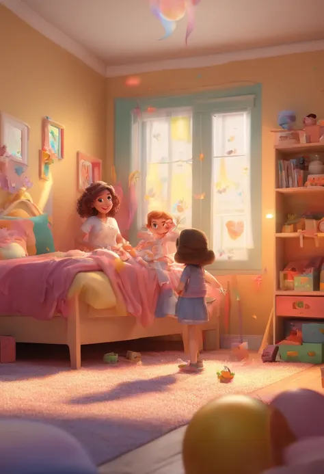 Estilo Pixar: Familia, A mother and two girls. Uma menino de 1 ano e  uma menina de 1 anos.