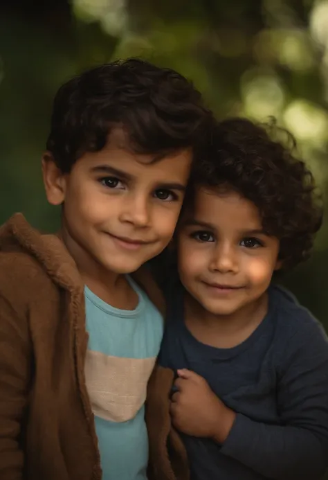 menino: Miguel, aproximadamente 5 anos de idade, cabelo curto estilo Disney, olhos castanhos e sorrisos. garota: Giovana, 2 anos, longos cabelos pretos e olhos azuis. scenecy: Miguel and Giovana are in a cozy little house in the valley, ao fundo um dia ens...