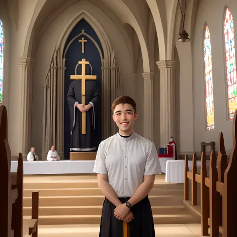 Desenhe um padre, sem cabelo, sorriso amiga em no altar da igreja