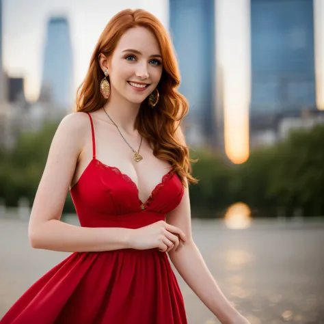 masterpiece, best quality, highres, (photorealistic:1.4), earrings, (depth of field:1.8), beautiful 22yo  woman, thigh gap, 
1 girl, ginger hair, long hair,  pale skin, german, smileing,feminine physique,(solo:1.1), nice sexy red dress, bare shoulder, clea...