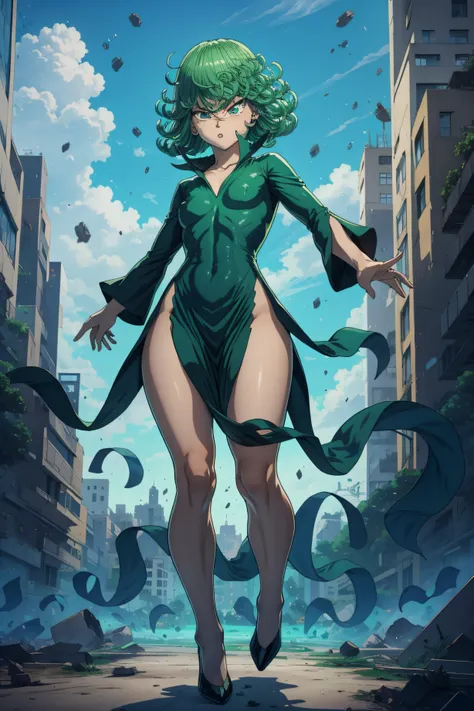 tatsumaki de um homem de soco, cabelo verde curto, olhos verdes, peito pequeno, vestindo vestido preto de gola v, talons, whole ...