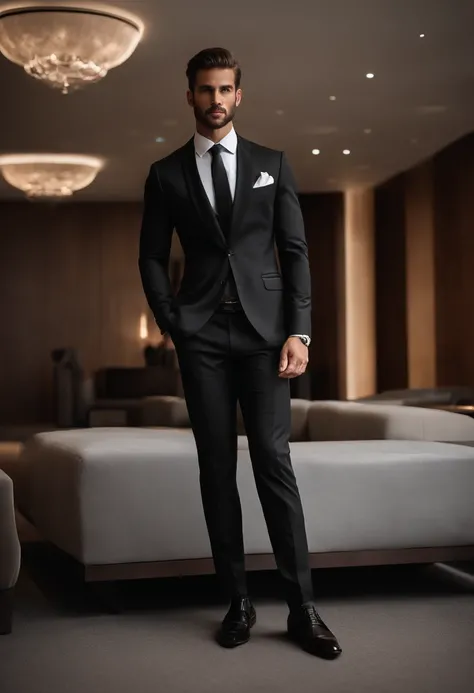 arafed man in a white shirt and black pants standing in a room, roupas sob medida, grey pants and black dress shoes, apelo masculino alta moda, vestido formal, Homem magro com pele negra, careca, Macho bonito, male proportions, bonito e elegante, black sui...