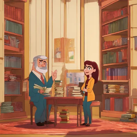 Crie um cartaz inspirado na Disney Pixar com duas pessoas conversando,  um homem alto, com barba, and an angry woman lawyer in an office full of books