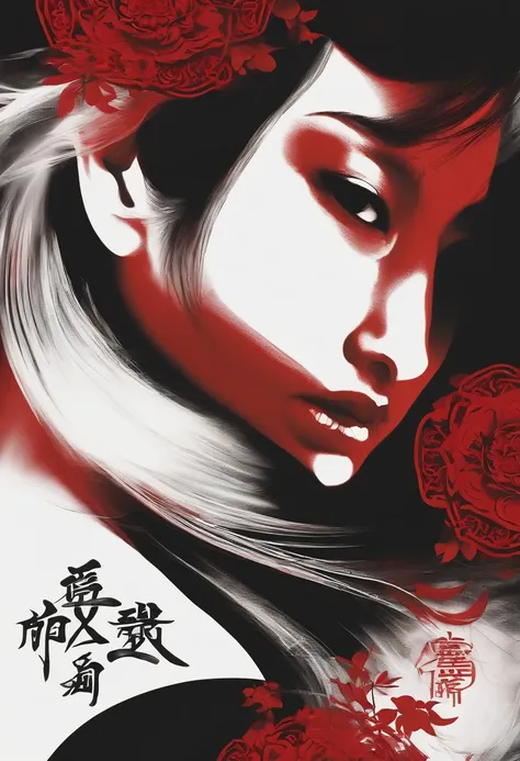 (best quality, movie poster style), uma mulher bonita com (um olho vermelho:1.2),(Significant Chinese script writing:1.1), combinando os elementos perfeitamente juntos.