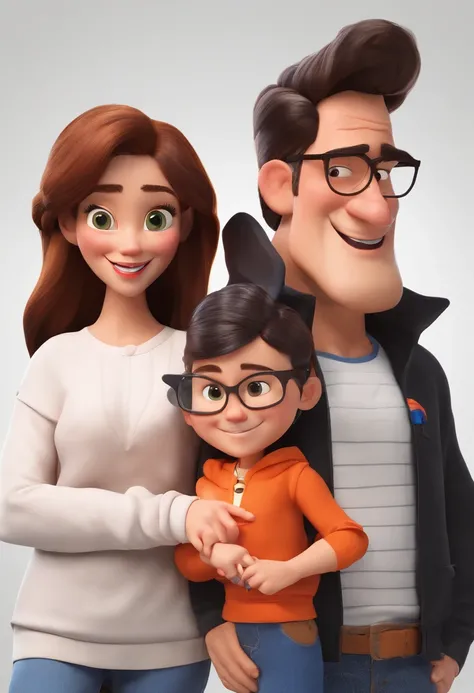 Estilo Pixar: O homem adulto, camisa preta com sua esposa de camisa preta, a teenage son in a black shirt and a daughter in a white sweatshirt in front in Adams family style