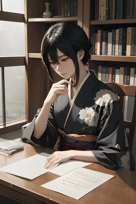 Sitting at a desk、There is a woman holding a pen in her hand, Beautiful Anime Portrait, japanese anime artist drawn, makoto sinkai, in a kimono, Anime Realism Style, anime style 4 k, painted in anime painter studio, Smooth Anime CG Art, realistic anime 3 d...