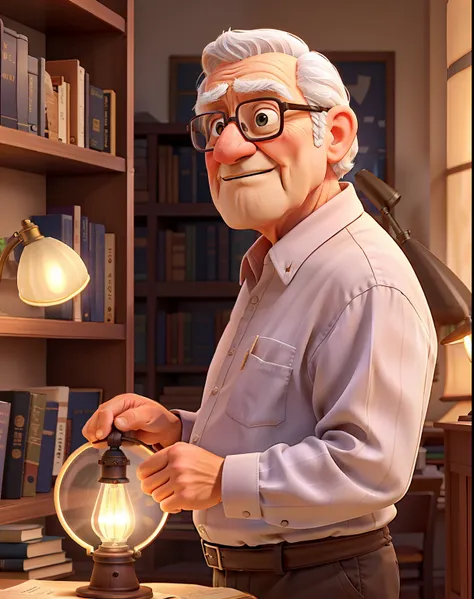 a wise old man standing in front, illuminated by the light of a lamp, against the backdrop of a library