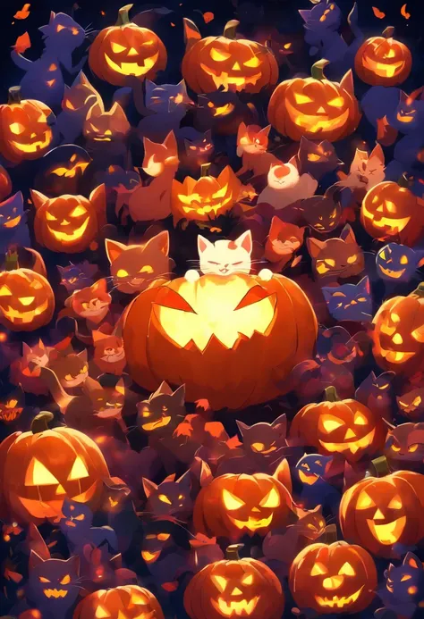 Dream Cat,  Halloween, Make ５ different type of  ((Halloween　creatures characters)) mixed ((CAT)), 8K,　high quality、  dark holloween background