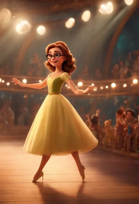 "(best quality,ultra-detalhado,Realistic:1.37),3D rendering,illustration,design de personagens,cabelos curtos e cacheados escuros,belos olhos detalhados,wearing white glasses,Estilo Pixar,morena mulher,Dancing on the Disney stage,atmosfera animada,vivid co...