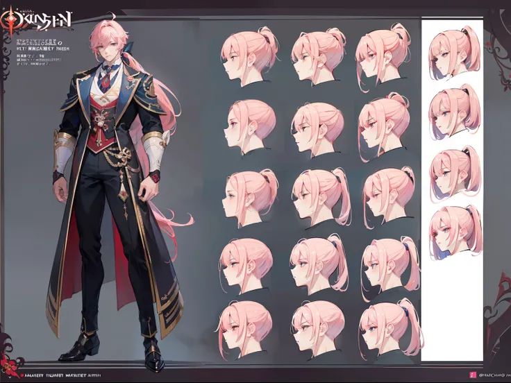 ((Masterpiece, Highest quality)), Male, boy, Detailed face, character design sheet， full bodyesbian, Full of details, frontal body view, back body view, Highly detailed, Depth, Many parts, Muscle boy with ponytail long pink hair，handsome man, muscle body, ...