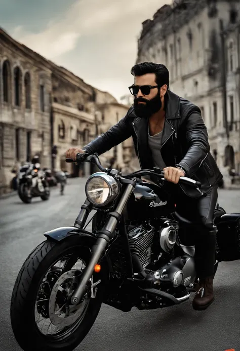 a Disney Pixar style 3D poster of 30-year-old dark brunette man with black beard and glasses, usando um colete de couro sem manga de moto clube e pilotando uma shadow 750 preta em um passeio de motocicleta em estrada de montanhas