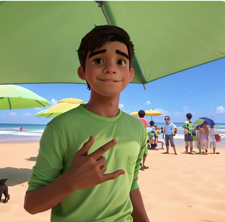 Boy in green shirt standing on the beach with umbrella and people in the background, caio santos, mateus 9 5, foto de perfil, foto de perfil 1024px, meu filho! the jaws that bite, icaro carvalho, thiago lehmann, cabrito, edu souza, lucas graziano, Nick Sil...