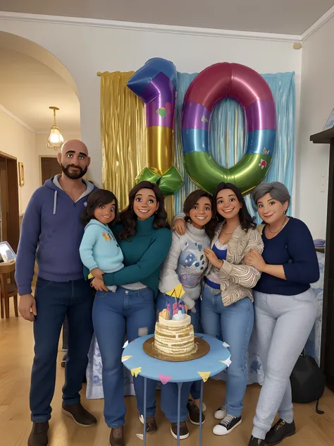 da esquerda para a direita: Tem uma menina no colo de uma mulher. Girl wears a blue sweater and jeans. em seguida, Theres a slightly older girl next to another woman. The other girl wears a patterned sweater. A mulher usa uma camisa estampada e uma camisol...