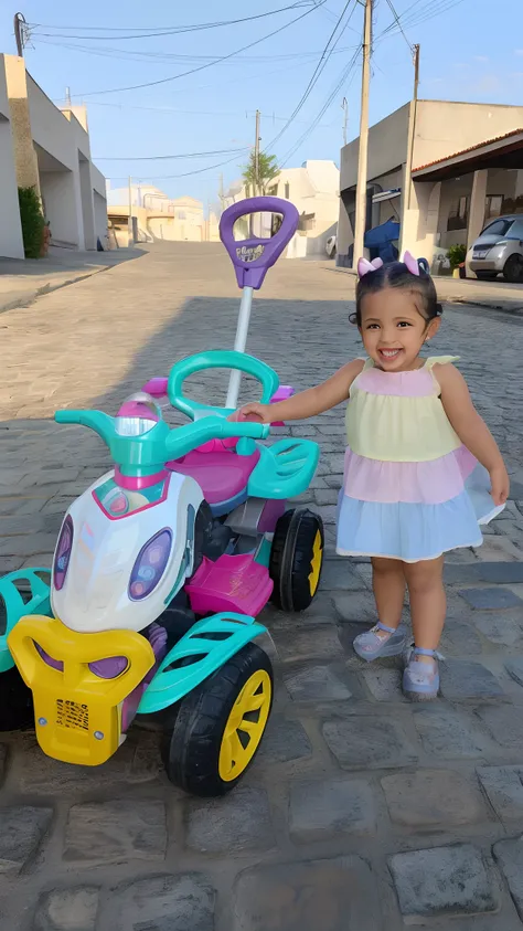 Arafed child standing next to a toy car on a cobblestone road, Directed by: Nandor Soldier, cabrito, Directed by: Felipe Seade, 2 anos, Directed by: Emerson Silva, ela expressando alegria, Crisa secular, Adriana DXIM, she is smiling and excited, 🤬 🤮 💕 🎀, b...