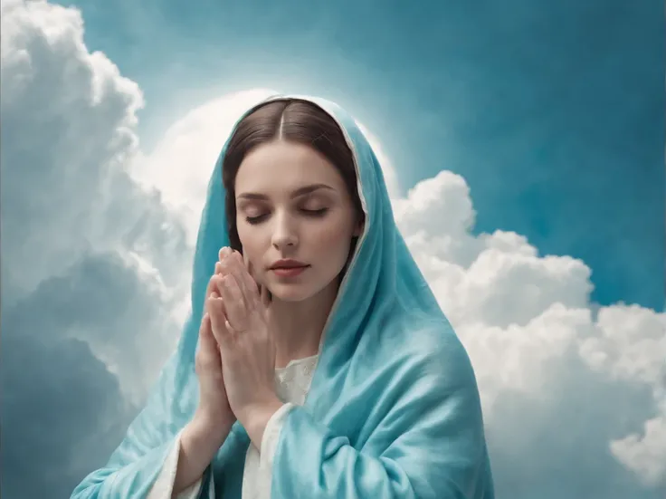 Hail Mary Prayer, with veil and sacred robe in celestial turquoise blue in the clouds of the sky, cinemactic, 8k, Realistic