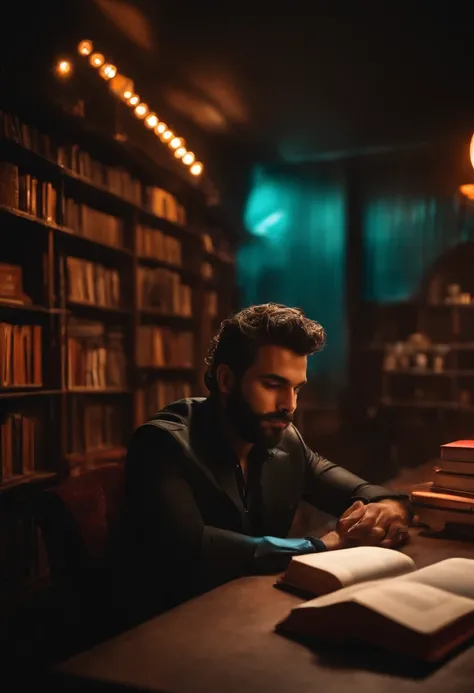 Homem com cabelo grisalho, vestindo terno em uma mesa, estante de livros ao fundo, local iluminado placa neon letreiro imtf escrito